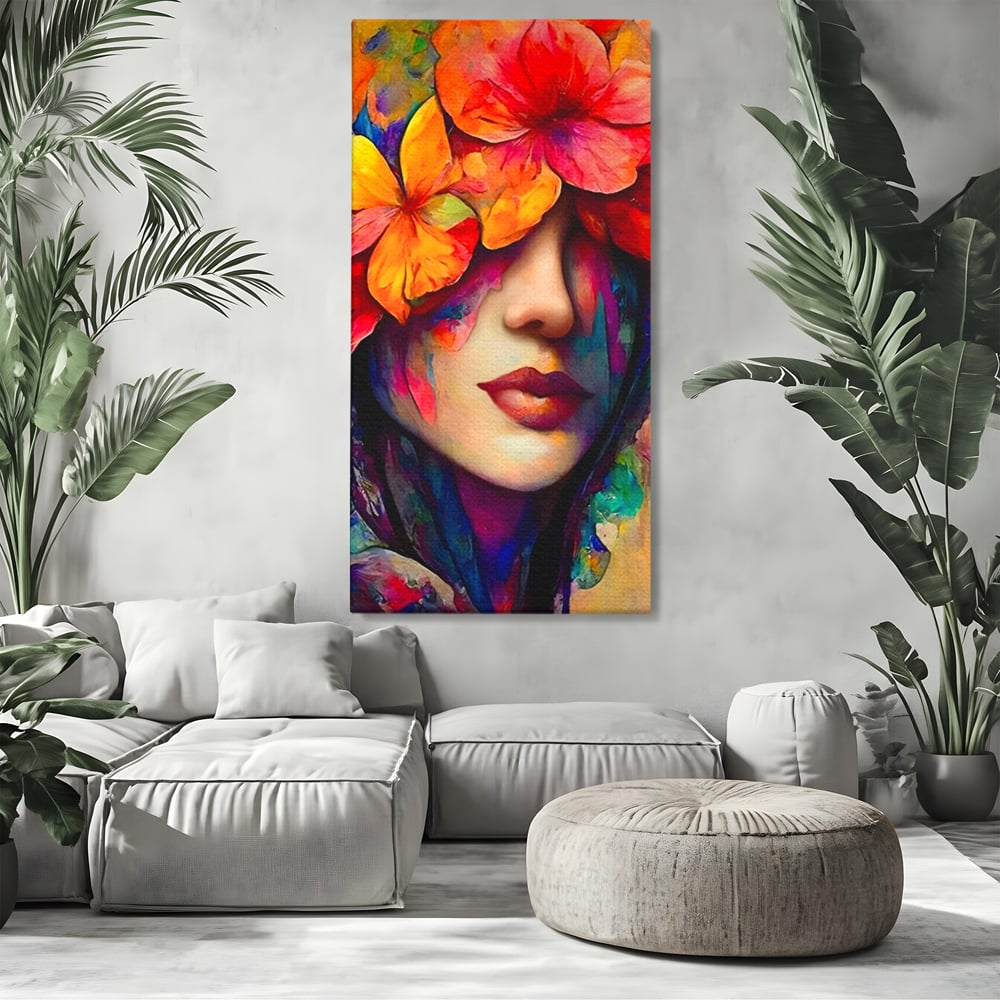 Tablou canvas cu tablou canvas cu portret feminin si flori, fara rama, pe sasiu de lemn, pe perete intr-un living